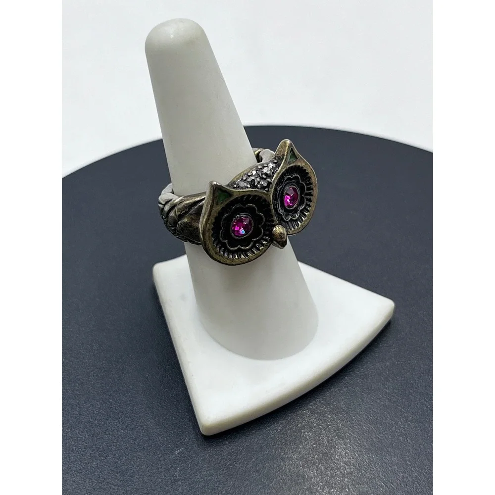 Betsey Johnson Vintage Owl Bronze Pink Rhinestone Vampire Slayer Stretch Ring